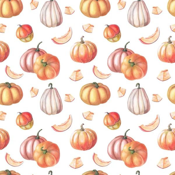 Watercolor red pumpkin and autumn leaves on white background. Seamless patterns — Stock Photo, Image