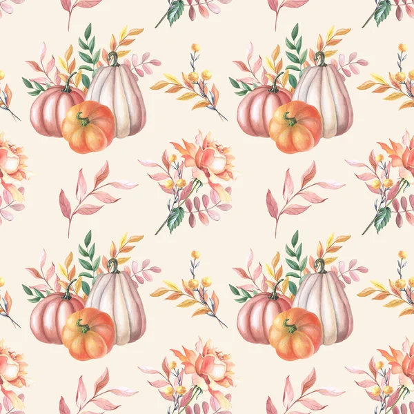 Watercolor red pumpkin and autumn rose,leaves on white background. Seamless pattern with watercolour spots — Stock Photo, Image