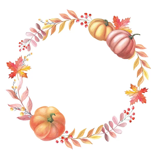 stock image Watercolour wreath with pumpkin, leaves,red berry on white background. Frame