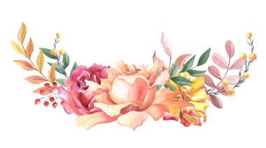 Gül ve yaprakların suluboya düzenlemesi. Sonbahar kompozisyonu sarı, pembe gül 3