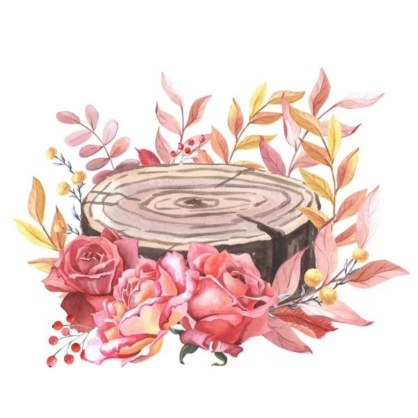 Ağaç dilimleri, çiçekler, yapraklar, böğürtlenler. Ağaç halkaları ile sonbahar kompozisyonu kırmızı, pembe gül. Ağaç kesimli suluboya çiçek süslemesi. Doğum günü kartı, düğün kartı..