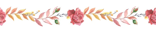 Frontera otoñal con rosas rojas y hojas. Ilustración en acuarela. Acuarela decoración floral. —  Fotos de Stock