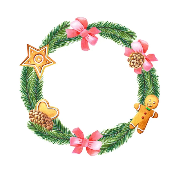 Aquarell-Weihnachtskranz mit grünem Baum, rosa Schleife, Kiefer, Lebkuchenmann, Herz, Stern. — Stockfoto