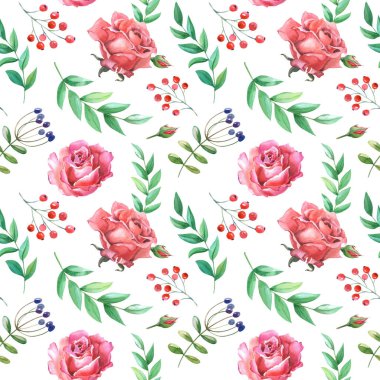 Suluboya pembe, kırmızı güller. Beyaz arka planda çiçekler olan bir resim. Kusursuz desen.