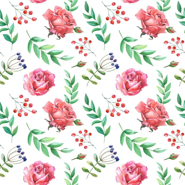 Aquarela Rosa, rosas vermelhas. Ilustração com flores sobre um fundo branco. Padrão sem costura. — Fotografia de Stock