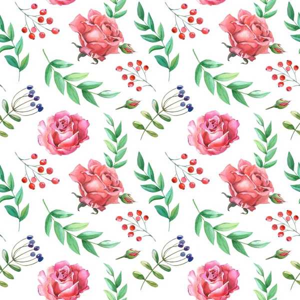 Watercolor Pink,red roses. Illustration with flowers on a white background. Seamless pattern.