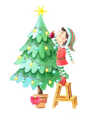 Noel ağacı olan suluboya Noel elfi çocuk. Noel Baba 'nın küçük yardımcısı