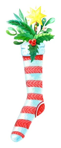 Calza natalizia ad acquerello con bacchetta magica, vischio, ramo di abete rosso, bacche sacre — Foto Stock