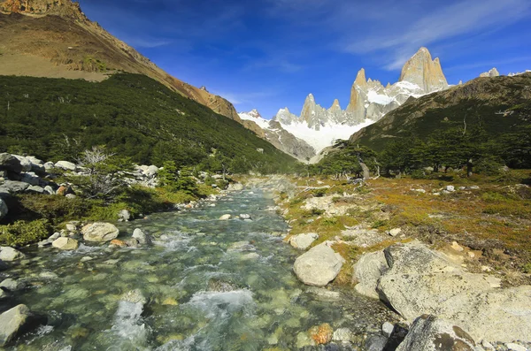 Flödande floden nära mountain Fitz Roy i Argentina Patagonien — Stockfoto