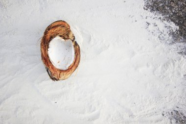 Hindistan cevizi beyaz kum üzerinde açın