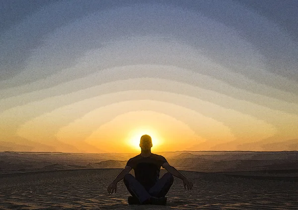 Pintura de ioga sentado homem com ao pôr do sol no deserto — Fotografia de Stock