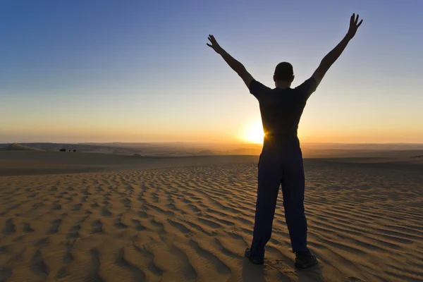 Álló férfi, kezével fel a naplemente a sivatagban — Stock Fotó