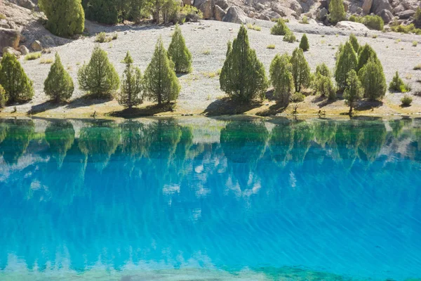 Diepe blauwe meer reflectie van groene bomen — Stockfoto