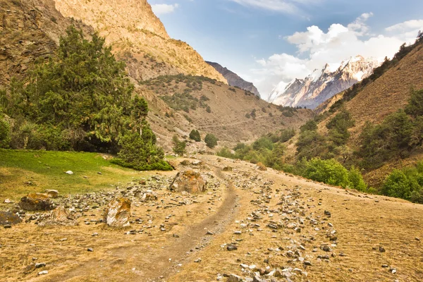 Dağ Vadisi yolu ve karlı kayalar ile — Stok fotoğraf