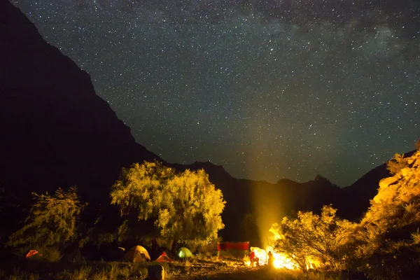 पहाड़ों के ऊपर दूधिया रास्ता उजागर पेड़ के साथ — स्टॉक फ़ोटो, इमेज