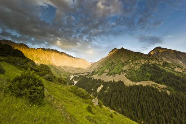 Sunset above mountain peaks with forest on hills Stock Photo