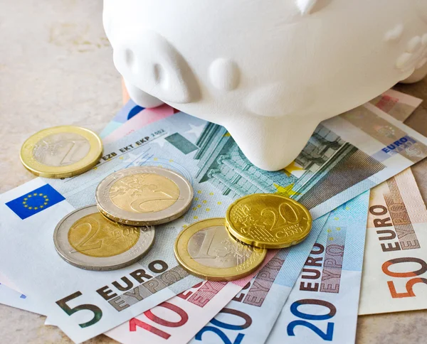 Euro banknotes and coins with piggy bank — Stock Photo, Image