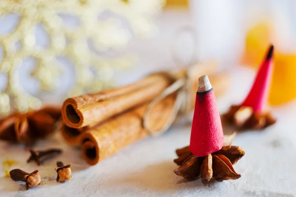 Traditional Czech christmas - smoking incense cones on star anise spice with whole cinnamon and apple — Stock Photo, Image