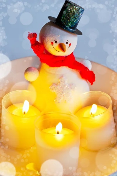 Traditional Czech christmas - decoration of snowman and candles — Stock Photo, Image