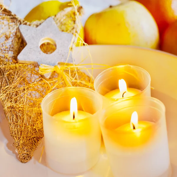 Traditional Czech christmas - golden decoration and candles boat — Stock Photo, Image