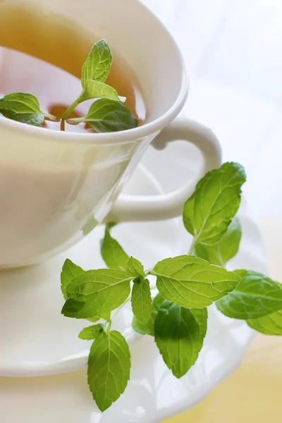 Schwarzer Tee mit einer frischen Zitrone und grünem Minzkraut — Stockfoto