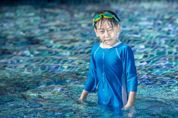 Little asian boy in the pool with swimming suit — Stock Photo, Image