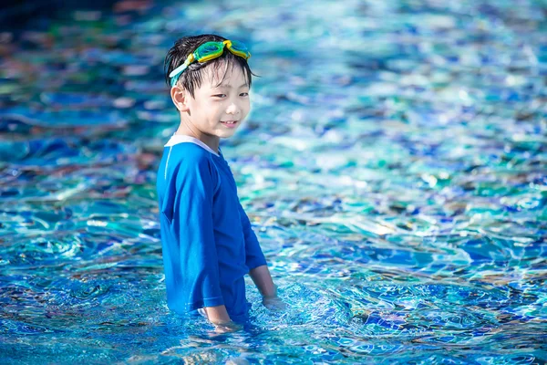 Little asian boy in the pool with swimming suit — Stock Photo, Image