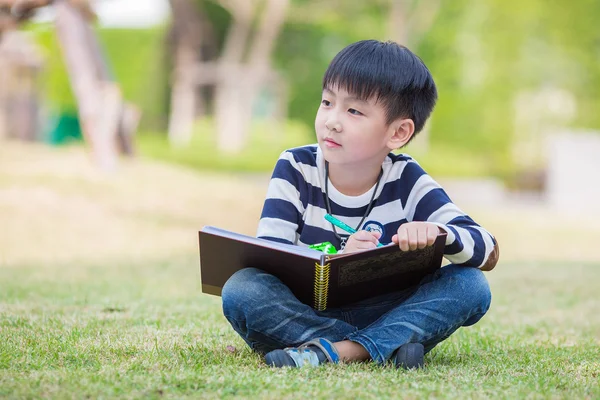 Liten asiatisk pojke ritning i trädgården — Stockfoto