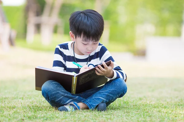 Pequeño asiático chico escribir tarea en el jardín Imagen de archivo