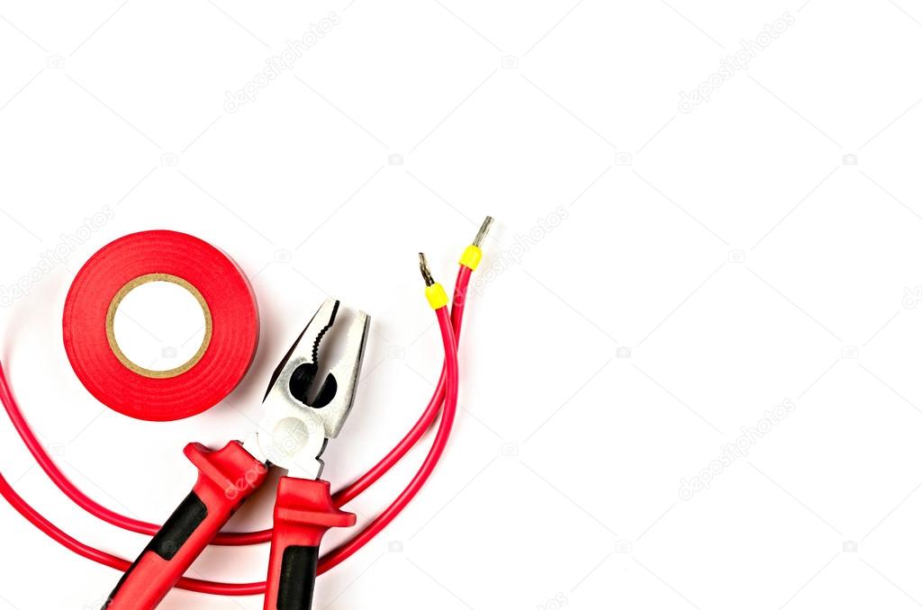 Red tools collection - electrical cable, pliers, insulating tape