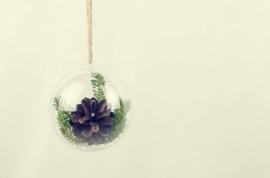 İçinde bir çam kozalağı ile şeffaf Noel top