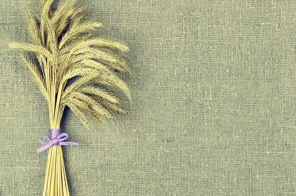 Sheaf of wheat ears on linen canvas  background. Harvest concept — Stock Photo, Image