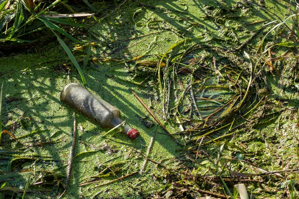 河岸に捨てられたゴミ瓶 — ストック写真