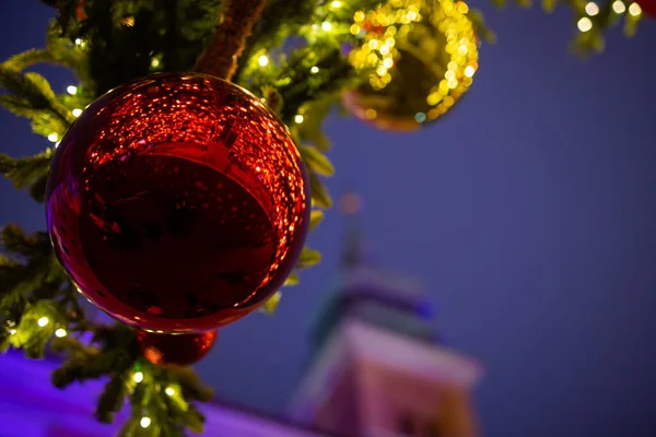 Huge Christmas Balls Background Castle Tower — Stock Photo, Image
