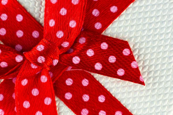 Close White Gift Box Red Bow White Dots — Stock Photo, Image