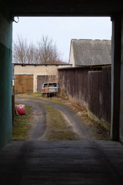 Bahçede, çalıların arasında paslanan eski bir araba cesedi. Hafif bir ışık, bulutlu bir günde.
