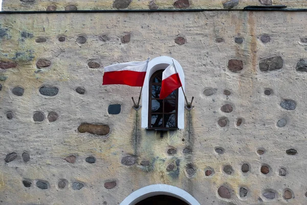 Polish National Flag Waving Stone Wall Soft Light Made Cloudy — Stock Photo, Image