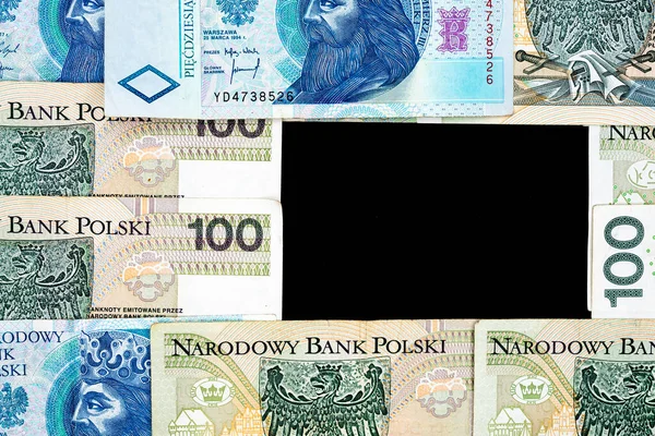 100 Pln Pln Értékű Lengyel Bankjegyek Fekete Alapon Fénykép Lágy — Stock Fotó