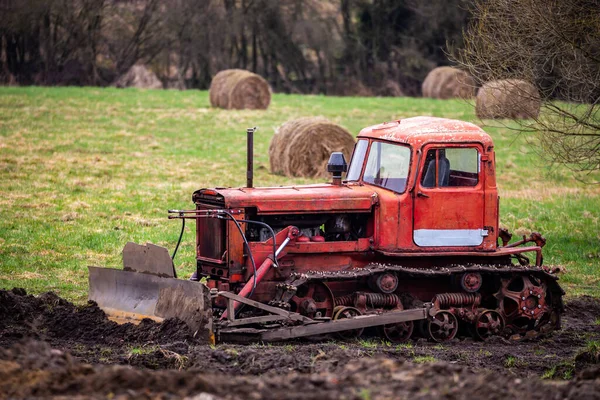 Old Caterpillar Bulldozer Work Leveling Ground Made Cloudy Day Poor — Stock Photo, Image