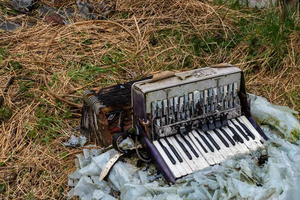 Old, damaged accordion abandoned in the farm yard. Made in low light conditions