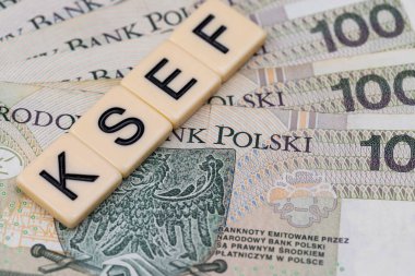 Ulusal E-fatura Sistemi 'nin kısaltması olan KSEF kısaltmalı bloklar, gevşek bir şekilde yayılmış Polonya 100 PLN banknotundan oluşan bir arka plana yerleştiriliyor. Fotoğraf yapay ışık altında çekilmiş..
