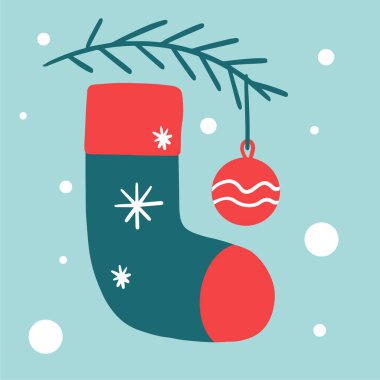 Yeni yıl çorabı, oyuncağı ve Noel ağacının dalıyla Noel illüstrasyonu. Sosyal medya, kartpostallar, pazarlama materyalleri, dokular, sosyal medya, mobil uygulamalar için vektör pankartı.