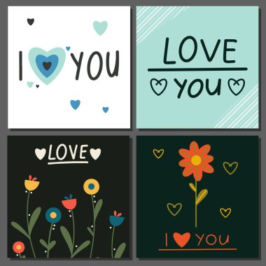 14 Şubat Sevgililer Günün kutlu olsun. Kalpli vektör kartları, el yazısıyla yazılmış metinler, çiçekler. Sosyal medya paylaşımları, instagram, mobil uygulamalar, çevrimiçi reklamlar, pazarlama materyalleri için elverişli.