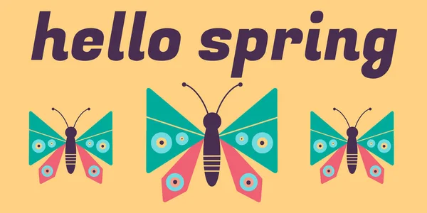 こんにちは春のバナー しっかりした黄色の背景に蝶とベクトルイラスト ソーシャルメディア モバイルアプリ マーケティング資料に適しています — ストックベクタ
