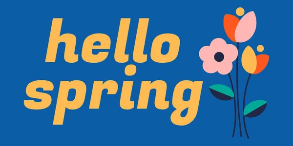 Olá Bandeira Primavera Ilustração Vetorial Com Flores Sobre Fundo Azul —  Vetores de Stock