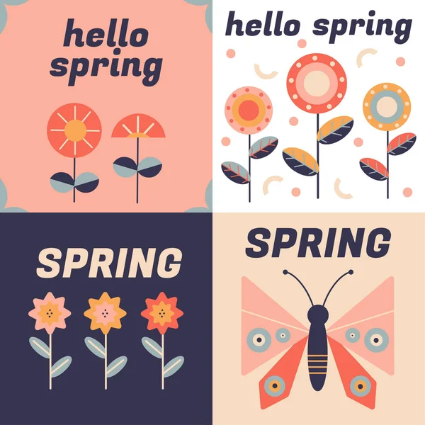 Hallo Frühling Grußkarten Set Vorhanden Vektorillustration Mit Blumen Text Schriftzügen — Stockvektor