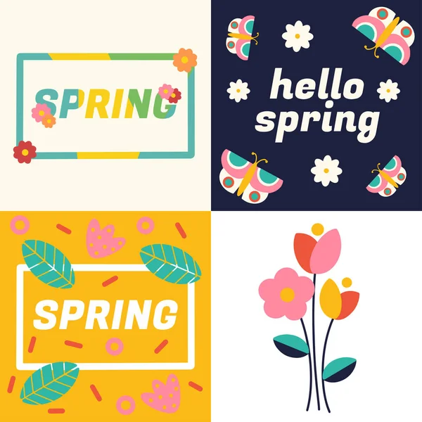 Hello Spring Greeting Card Set Vector Illustration Flowers Text Butterflies — Stock Vector