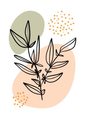 Yapraklar, dallar, moda konsepti, minimalist güzellik, çizgi ve benekli vektör çizimi