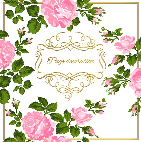 Luxe vintage kaart van roze rozen met gouden kalligrafie. Vectorillustratie. — Stockvector