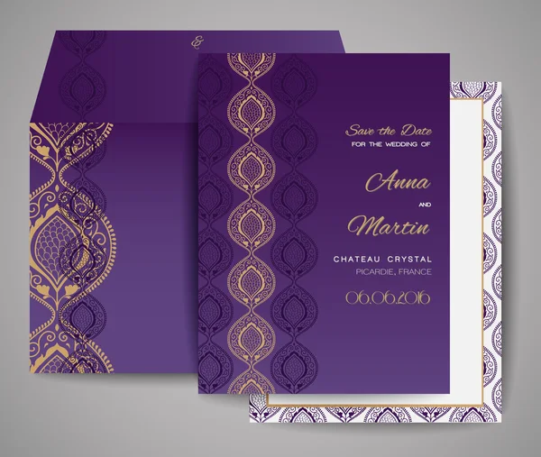 Conjunto de tarjetas de boda. Invitación ornamental, tarjeta de agradecimiento, guardar la tarjeta de fecha. Plantillas para su diseño . — Vector de stock